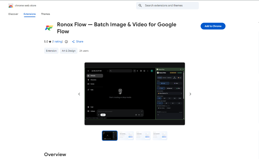 Ronox Flow extension interface shown on Chrome Web Store